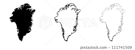 Greenland silhouette. Set of 3 high detailed maps. Solid black silhouette, thick black outline and thin black outline. Vector illustration isolated on white background. 111741509