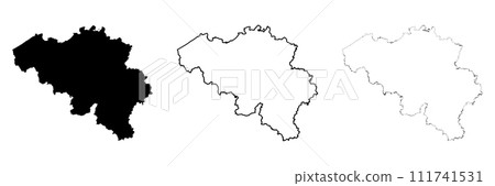 Belgium country silhouette. Set of 3 high detailed maps. Solid black silhouette, thick black outline and thin black outline. Vector illustration isolated on white background. 111741531