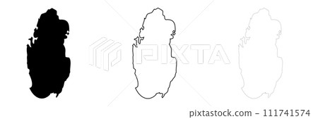 Qatar country silhouette. Set of 3 high detailed maps. Solid black silhouette, thick black outline and thin black outline. Vector illustration isolated on white background. 111741574