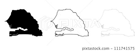 Senegal country silhouette. Set of 3 high detailed maps. Solid black silhouette, thick black outline and thin black outline. Vector illustration isolated on white background. 111741575