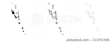 Vanuatu country silhouette. Set of 3 high detailed maps. Solid black silhouette, thick black outline and thin black outline. Vector illustration isolated on white background. Vanuatu country silhouette. Set of 3 high detailed maps. Solid black silhouette, thick black outline and thin black outline. Vector illustration isolated on white background. 111741580