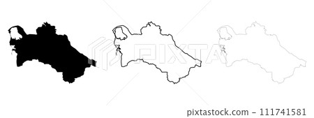 Turkmenistan country silhouette. Set of 3 high detailed maps. Solid black silhouette, thick black outline and thin black outline. Vector illustration isolated on white background. Turkmenistan country silhouette. Set of 3 high detailed maps. Solid black silhouette, thick black outline and thin black outline. Vector illustration isolated on white background. 111741581