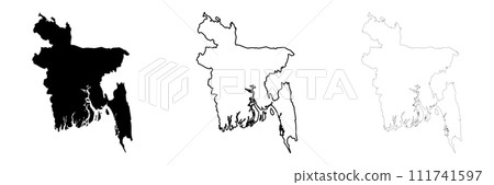 Bangladesh country silhouette. Set of 3 high detailed maps. Solid black silhouette, thick black outline and thin black outline. Vector illustration isolated on white background. Bangladesh country silhouette. Set of 3 high detailed maps. Solid black silhouette, thick black outline and thin black outline. Vector illustration isolated on white background. 111741597
