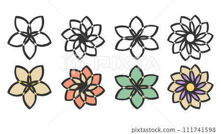 Flower icons set, boho style Logo, black bold line stroke, doodle cartoon style design. Creative floral web decor, outline, coloured isolated elements, vector 111741598
