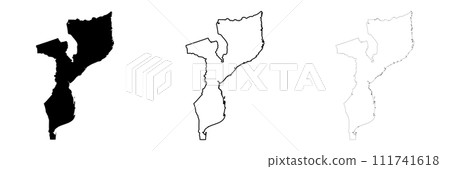 Mozambique country silhouette. Set of 3 high detailed maps. Solid black silhouette, thick black outline and thin black outline. Vector illustration isolated on white background. Mozambique country silhouette. Set of 3 high detailed maps. Solid black silhouette, thick black outline and thin black outline. Vector illustration isolated on white background. 111741618