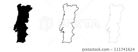 Portugal country silhouette. Set of 3 high detailed maps. Solid black silhouette, thick black outline and thin black outline. Vector illustration isolated on white background. 111741624
