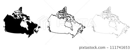 Canada country silhouette. Set of 3 high detailed maps. Solid black silhouette, thick black outline and thin black outline. Vector illustration isolated on white background. 111741653