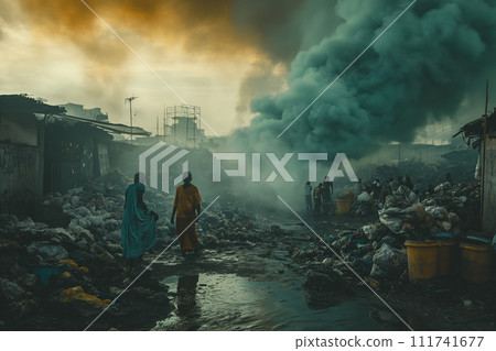 A somber scene unfolds with individuals navigating through a landscape cluttered with waste and dominated by billowing smoke, capturing the harsh realities of pollution in impoverished areas. 111741677