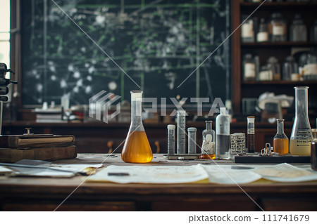 An assortment of glassware and scientific instruments are meticulously arranged on a wooden table, evoking the spirit of classic scientific inquiry within a vintage chemistry laboratory setting. An assortment of glassware and scientific instruments are meticulously arranged on a wooden table, evoking the spirit of classic scientific inquiry within a vintage chemistry laboratory setting. 111741679