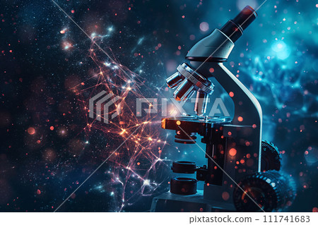 A microscope set against a cosmic-like backdrop magnifies the unseen, symbolizing the exploration of the microscopic universe with an astronomical aesthetic. 111741683