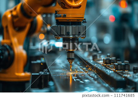 n industrial robotic arm engaged in precision welding on an assembly line, showcasing the synergy between technology and manufacturing efficiency. 111741685