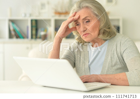 Beautiful senior woman using laptop at home 111741713