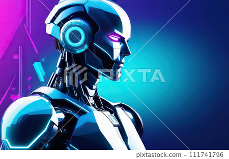 AI-generated content. modern robot on a bright colored background, embodying a breakthrough in digitization and virtual presence technology. An example of artificial intelligence that allows a person AI-generated content. modern robot on a bright colored background, embodying a breakthrough in digitization and virtual presence technology. An example of artificial intelligence that allows a person 111741796