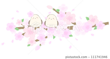 Long-tailed tit perching on a cherry blossom branch, cute hand-drawn illustration 111741946
