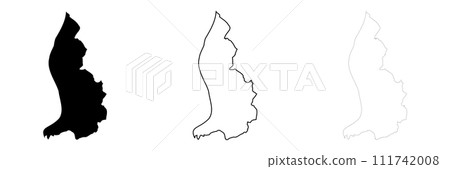 Liechtenstein country silhouette. Set of 3 high detailed maps. Solid black silhouette, thick black outline and thin black outline. Vector illustration isolated on white background. 111742008
