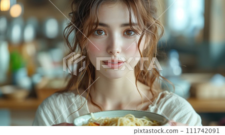 girl eating noodles portrait 111742091