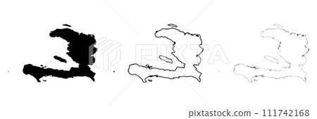 Haiti country silhouette. Set of 3 high detailed maps. Solid black silhouette, thick black outline and thin black outline. Vector illustration isolated on white background. 111742168