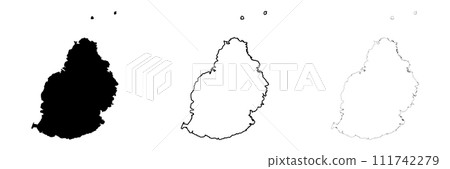 Mauritius country silhouette. Set of 3 high detailed maps. Solid black silhouette, thick black outline and thin black outline. Vector illustration isolated on white background. 111742279