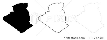 Algeria country silhouette. Set of 3 high detailed maps. Solid black silhouette, thick black outline and thin black outline. Vector illustration isolated on white background. Algeria country silhouette. Set of 3 high detailed maps. Solid black silhouette, thick black outline and thin black outline. Vector illustration isolated on white background. 111742306