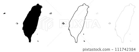 Taiwan country silhouette. Set of 3 high detailed maps. Solid black silhouette, thick black outline and thin black outline. Vector illustration isolated on white background. 111742384