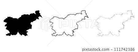 Slovenia country silhouette. Set of 3 high detailed maps. Solid black silhouette, thick black outline and thin black outline. Vector illustration isolated on white background. 111742386