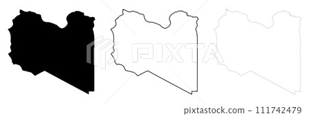 Libya country silhouette. Set of 3 high detailed maps. Solid black silhouette, thick black outline and thin black outline. Vector illustration isolated on white background. Libya country silhouette. Set of 3 high detailed maps. Solid black silhouette, thick black outline and thin black outline. Vector illustration isolated on white background. 111742479