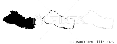 El Salvador country silhouette. Set of 3 high detailed maps. Solid black silhouette, thick black outline and thin black outline. Vector illustration isolated on white background. El Salvador country silhouette. Set of 3 high detailed maps. Solid black silhouette, thick black outline and thin black outline. Vector illustration isolated on white background. 111742489