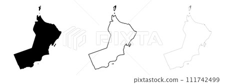 Oman country silhouette. Set of 3 high detailed maps. Solid black silhouette, thick black outline and thin black outline. Vector illustration isolated on white background. Oman country silhouette. Set of 3 high detailed maps. Solid black silhouette, thick black outline and thin black outline. Vector illustration isolated on white background. 111742499