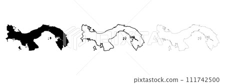 Panama country silhouette. Set of 3 high detailed maps. Solid black silhouette, thick black outline and thin black outline. Vector illustration isolated on white background. 111742500