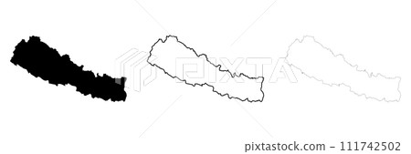Nepal country silhouette. Set of 3 high detailed maps. Solid black silhouette, thick black outline and thin black outline. Vector illustration isolated on white background. 111742502