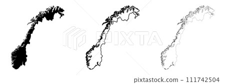 Norway country silhouette. Set of 3 high detailed maps. Solid black silhouette, thick black outline and thin black outline. Vector illustration isolated on white background. 111742504