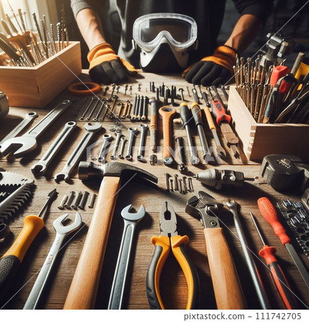 Worker's tools are stored in the workshop 111742705