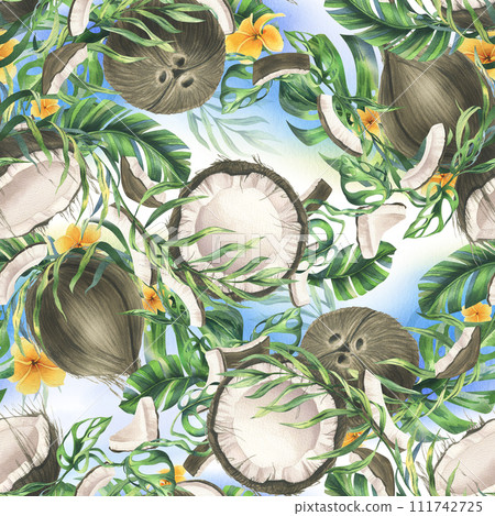Coconuts whole, halves and pieces with bright, green, tropical palm leaves and yellow plumeria flowers. Hand drawn watercolor illustration. Seamless pattern, background. Coconuts whole, halves and pieces with bright, green, tropical palm leaves and yellow plumeria flowers. Hand drawn watercolor illustration. Seamless pattern, background. 111742725