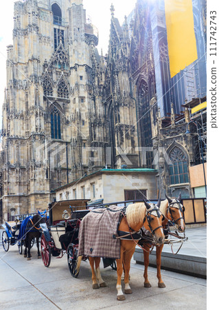 Horse drawn carriage near St. Stephen's Cathedral in Vienna, Austria. Traditional touristic transport attraction in Vienna Horse drawn carriage near St. Stephen's Cathedral in Vienna, Austria. Traditional touristic transport attraction in Vienna 111742743