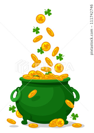 St.Patricks Day. Gold coins fall into a green jug on a white background. St.Patricks Day. Gold coins fall into a green jug on a white background. 111742746