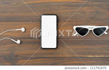Top view of smartphone with blank screen on wood background, Template for placing your ad. 111742870