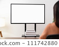 Woman using computer and type on the keyboard. Mockup screen of advertisement. 111742880