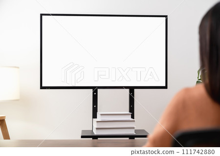 Woman using computer and type on the keyboard. Mockup screen of advertisement. 111742880
