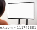 Woman using computer and type on the keyboard. Mockup screen of advertisement. 111742881