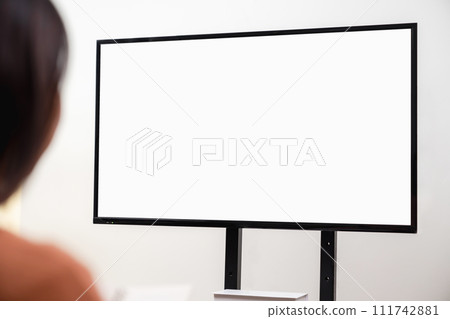 Woman using computer and type on the keyboard. Mockup screen of advertisement. 111742881