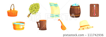 Sauna and Bath Object and Equipment with Wooden Tub Vector Set Sauna and Bath Object and Equipment with Wooden Tub Vector Set 111742936