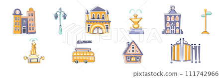 City Landscapes Element with Fountain, Building and Navigation Pole Vector Set 111742966