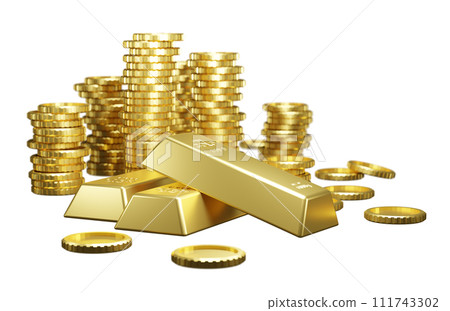 Gold bars and coins 3D render 111743302