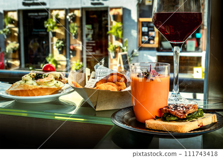 Tapas and pinchos at a food market in Spain. Traditional Spanish gastronomy 111743418