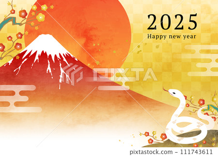 Vector illustration template of 2025 New Year's card with watercolor Mt. Fuji, snake and first sunrise (Year of the Snake, Snake) Vector illustration template of 2025 New Year's card with watercolor Mt. Fuji, snake and first sunrise (Year of the Snake, Snake) 111743611