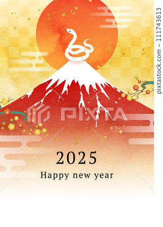 Vector illustration template of 2025 New Year's card with watercolor Mt. Fuji, snake and first sunrise (Year of the Snake, Snake) Vector illustration template of 2025 New Year's card with watercolor Mt. Fuji, snake and first sunrise (Year of the Snake, Snake) 111743613