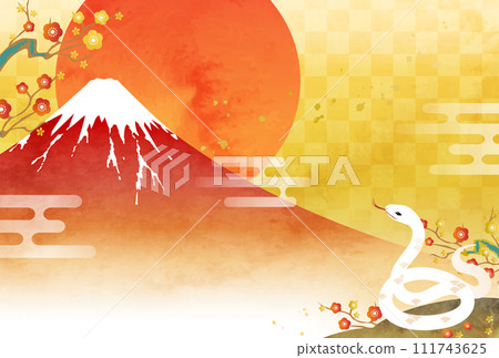 2025年新年賀卡的向量圖模板，水彩富士山、蛇和第一個日出（蛇年，蛇） 111743625