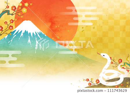 Vector illustration template of 2025 New Year's card with watercolor Mt. Fuji, snake and first sunrise (Year of the Snake, Snake) Vector illustration template of 2025 New Year's card with watercolor Mt. Fuji, snake and first sunrise (Year of the Snake, Snake) 111743629
