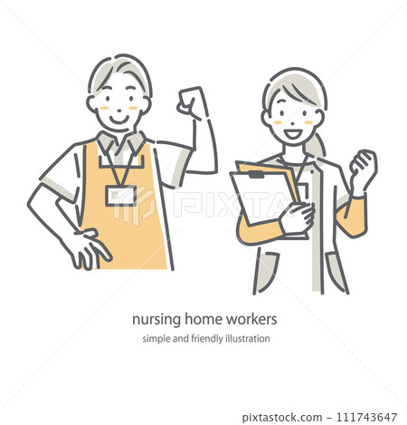 A simple and stylish line drawing illustration of an enthusiastic woman and man in the nursing profession 111743647