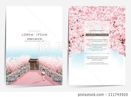 Vector Illustration of a Woman walking Alone on a Tranquil Country Path with Abundant Cherry Blossoms. Template Designs for Stationery, Cards, Notes, Posters, and Book Covers	 111743920